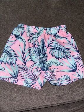 SHEIN Pink Tropical Leaf Elastic-Waist Shorts